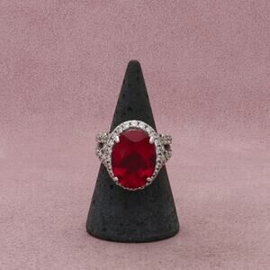 sterling silver oval-cut ruby & cz halo cocktail ring size 6.5